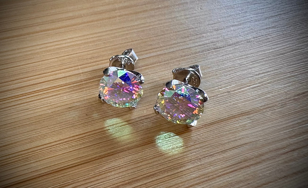 6ctw Moissanite “Kaleidoscope” studs! A pair of colorful, color-shifting, MESMERIZING Moissanite studs, DOUBLE certified and flashy in 18k plated sterling silver!