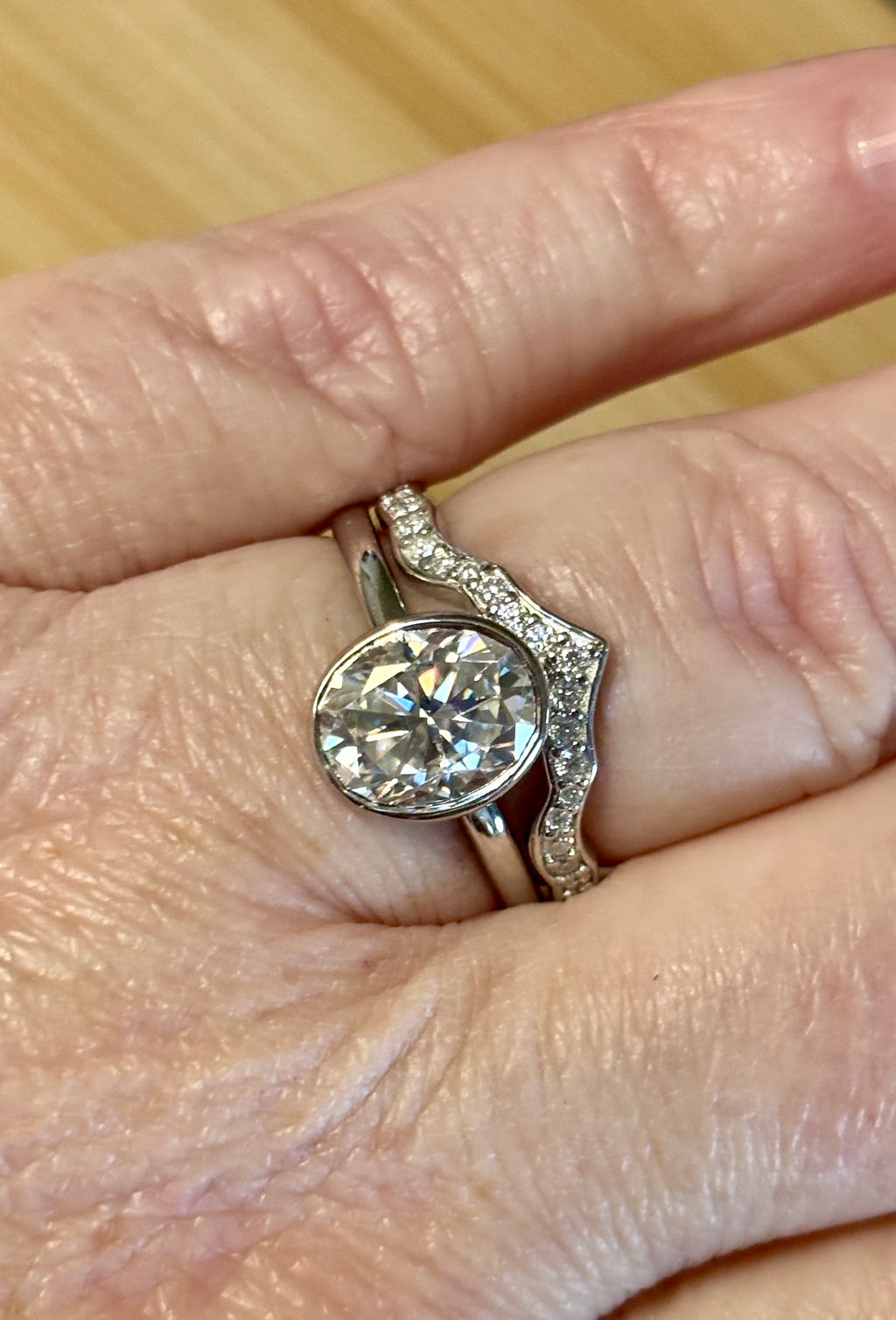 Moissanite ring. A 3ct oval in a hybrid basket + bezel of sterling OR Argentium silver! A Hand Knotted Jewelry EXCLUSIVE!