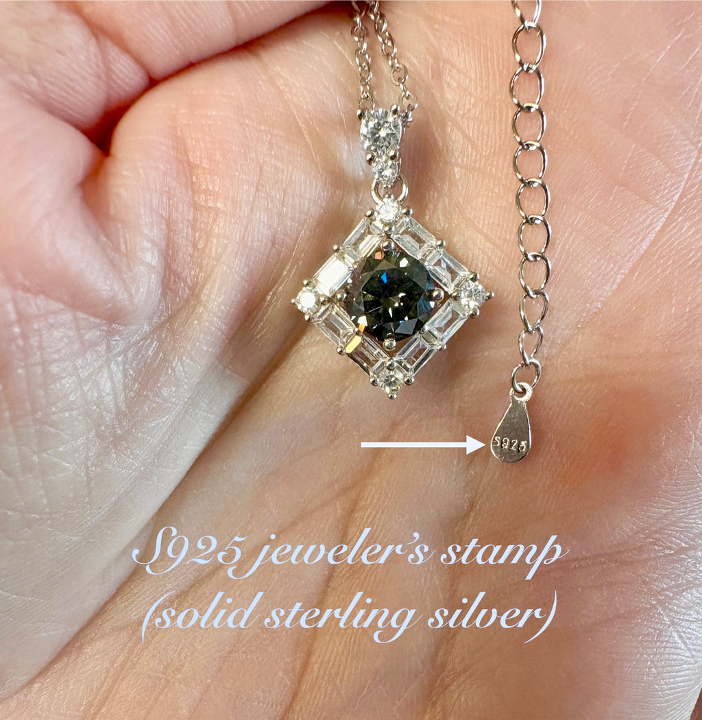 Moissanite necklace. A transfixingly gray 1ct certified round brilliant Moissanite centered in a halo of white zircons - a 2.25cttw pendant!