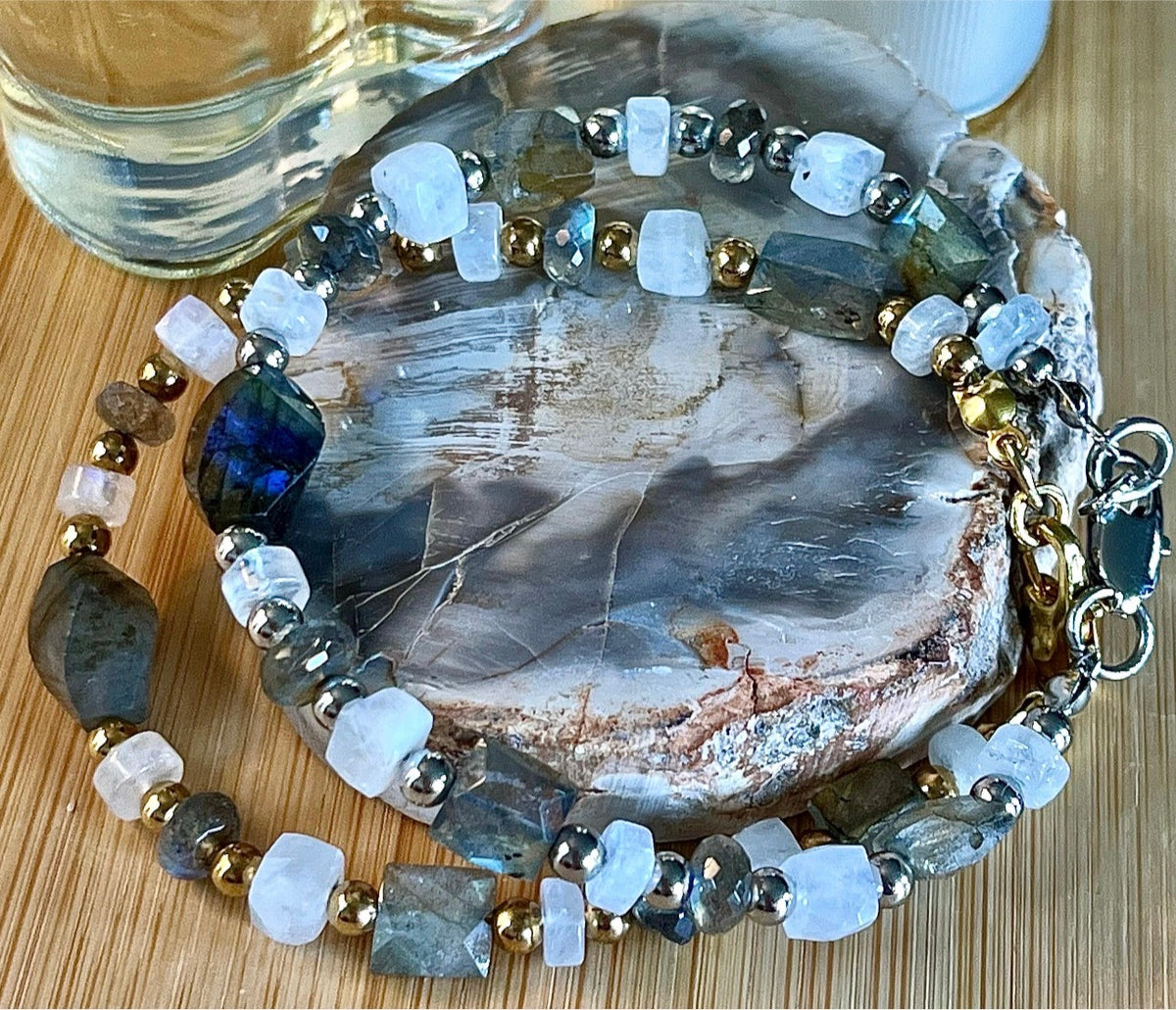 Labradorite and moonstone bracelet and/or earrings. The “Essences of Gemstones” bracelet with hand- faceted “essence” stones! This bracelet literally glows!