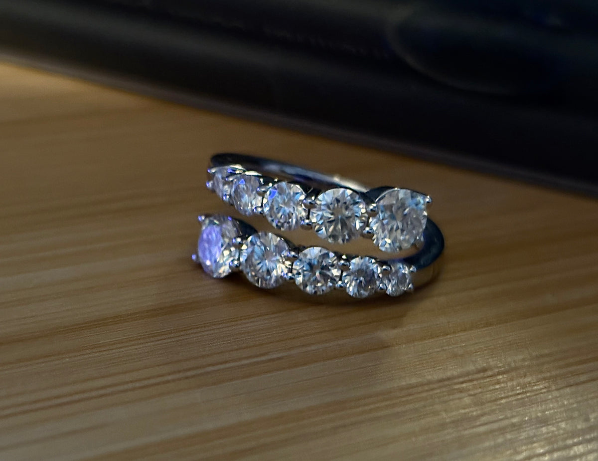Moissanite ring. A deliciously decadent, sparkling 3.46cttw certified Moissanite bypass ring in heavy sterling or ARGENTIUM silver and 18k!