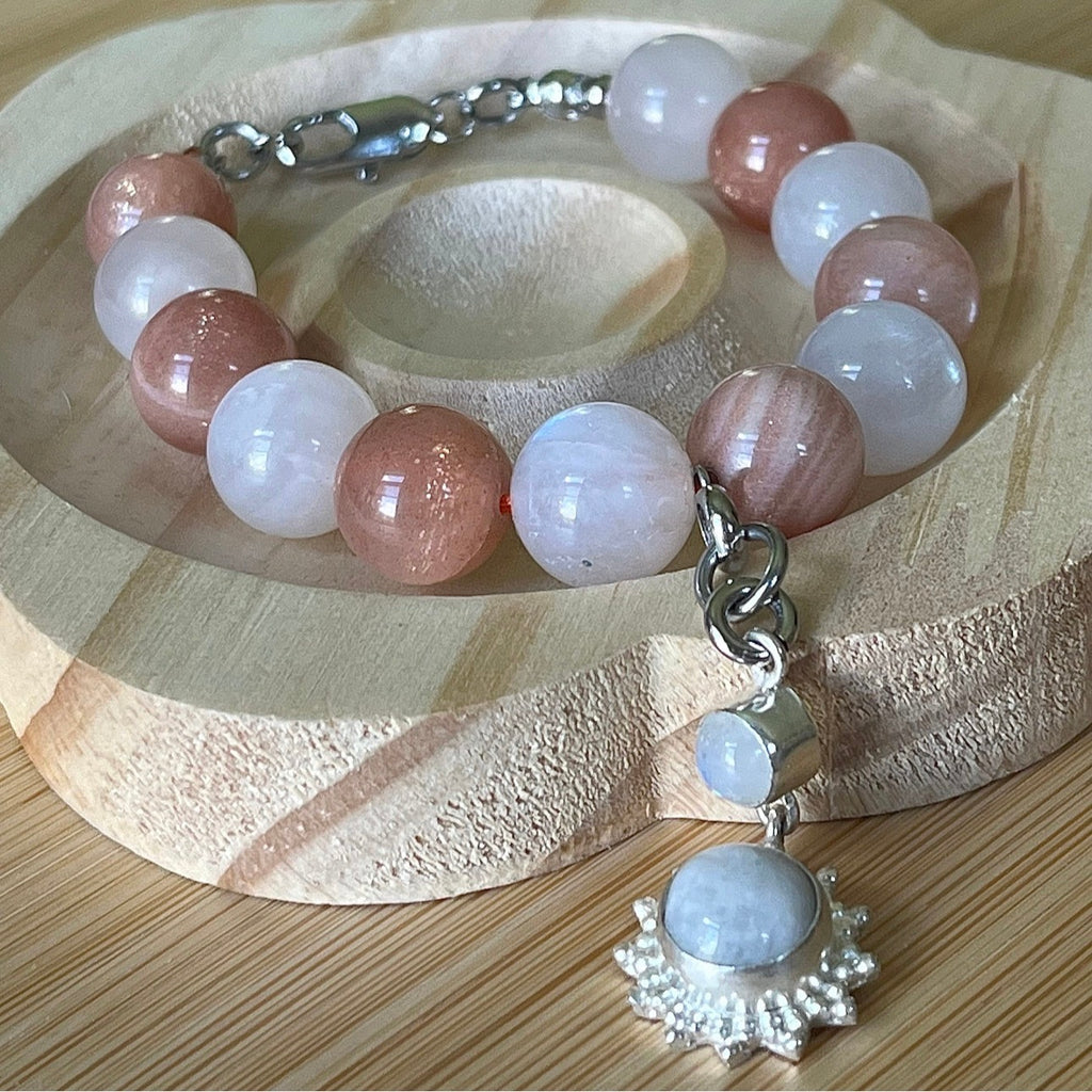 Rainbow moonstone and peach moonstone bracelet, high quality 12mm moonstones and OPTIONAL solid sterling silver moonstone pendant!
