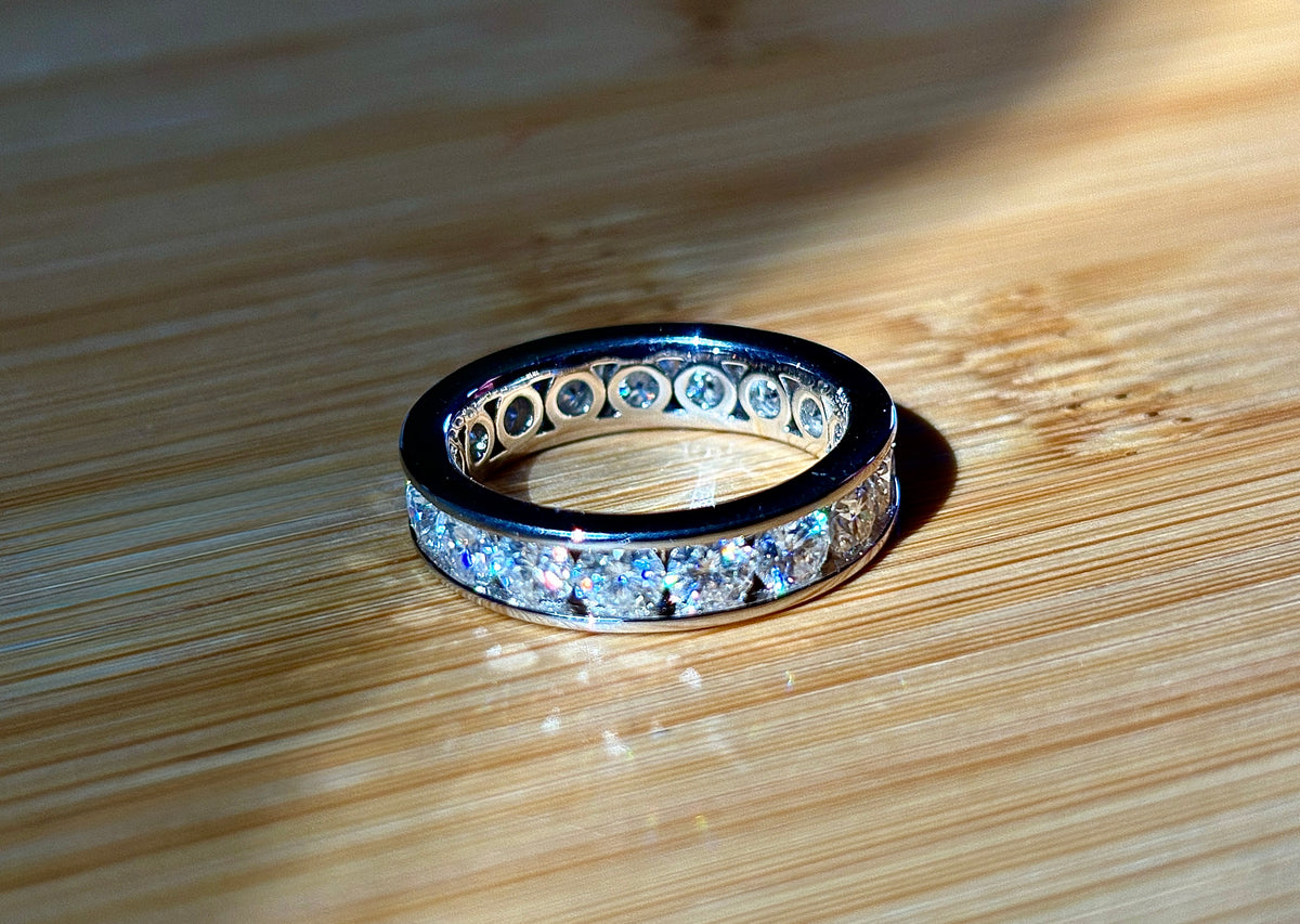 Moissanite ring. A 5.10cttw or 4.8cttw (depending on size) Moissanite eternity ring. A channel-set, classy and classic design - beautiful!