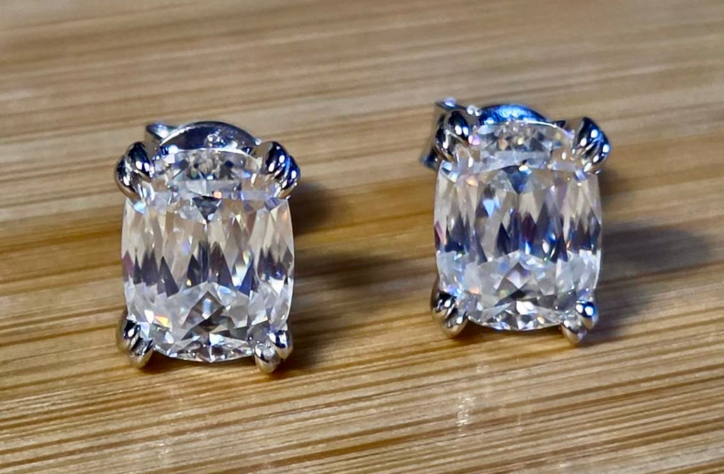 6ctw Ashoka-cut Moissanites in Argentium silver, hand-cut by a Master lapidary! These studs are the highest of the high end!