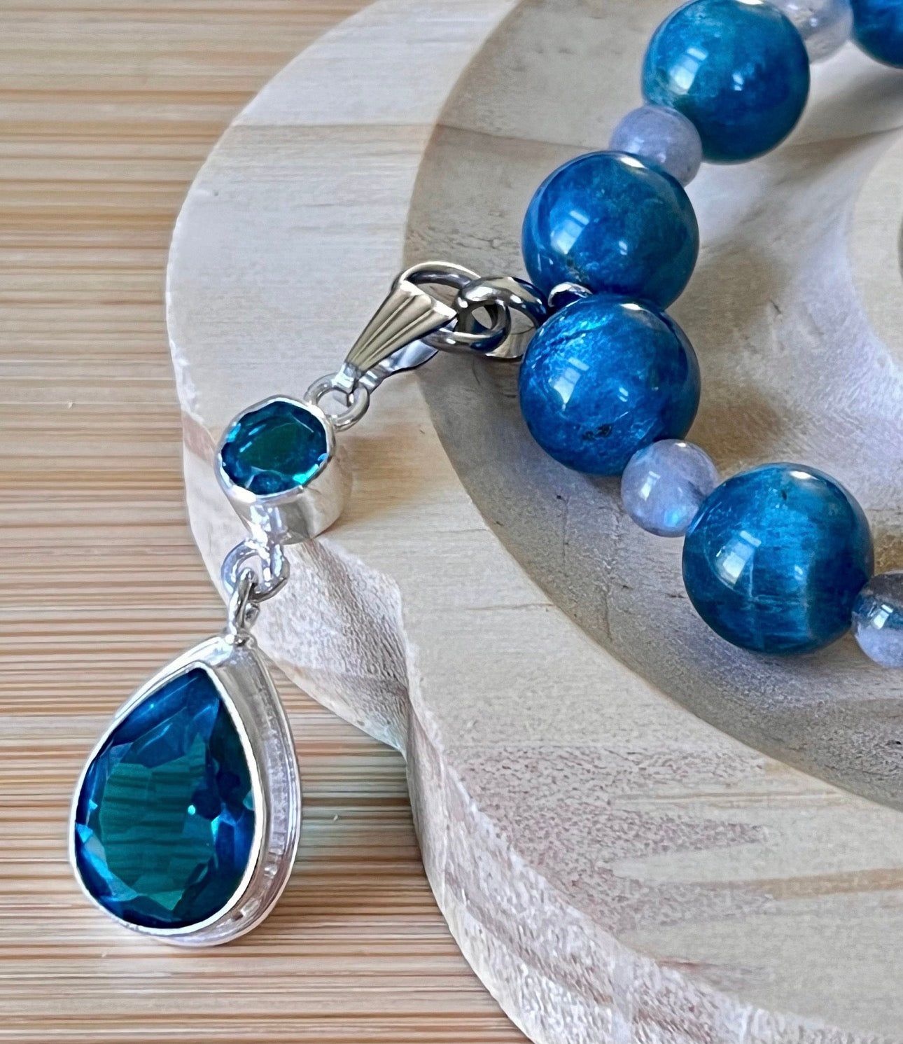 Blue apatite and gray moonstone bracelet with stainless steel hardware and optional sterling silver gemstone pendant!
