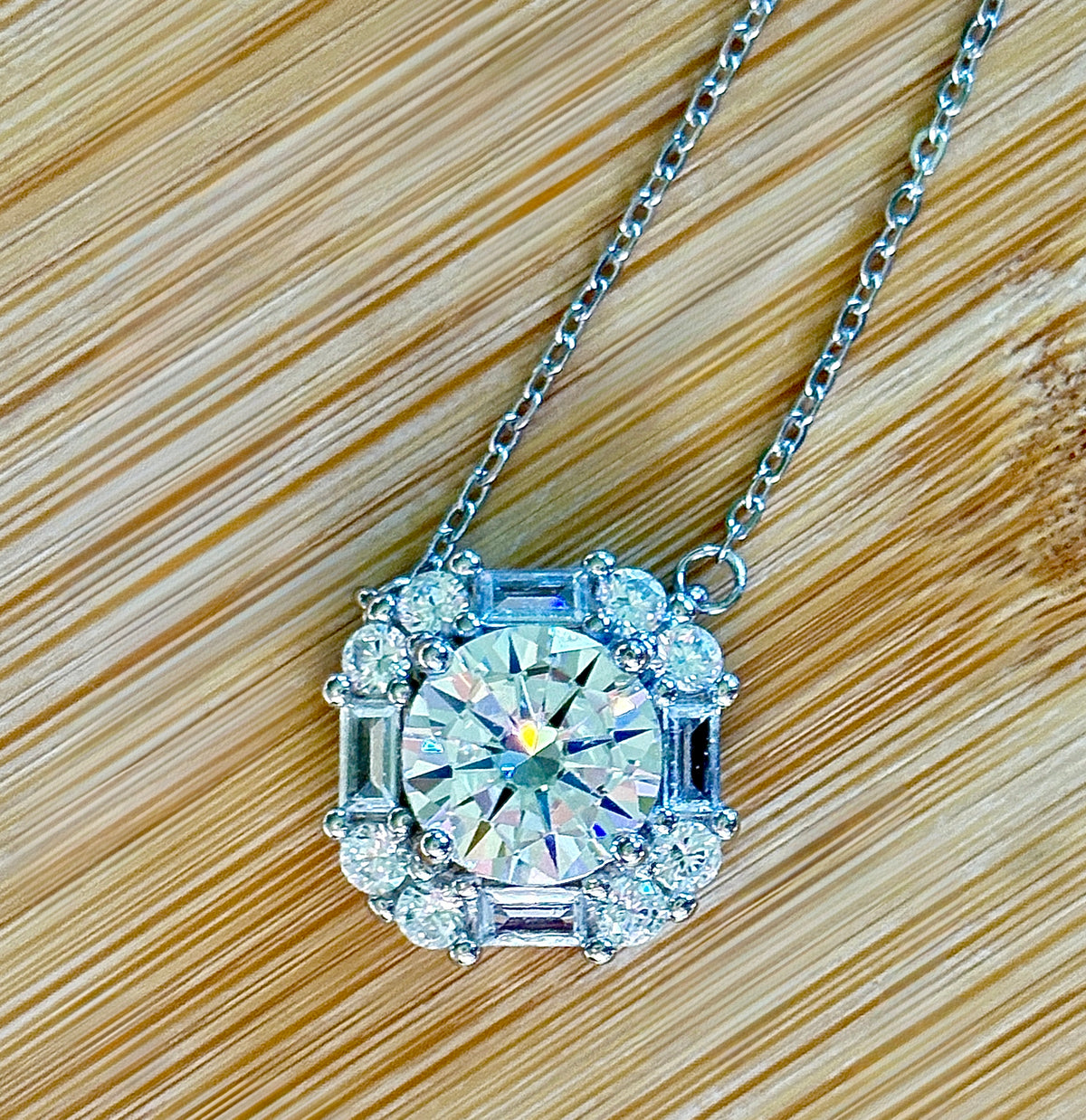 Moissanite necklace. A FIERY certified 3ct “8 hearts, 8 arrows” Moissanite in a super flashy geometric zircon halo, for a 4cttw necklace!