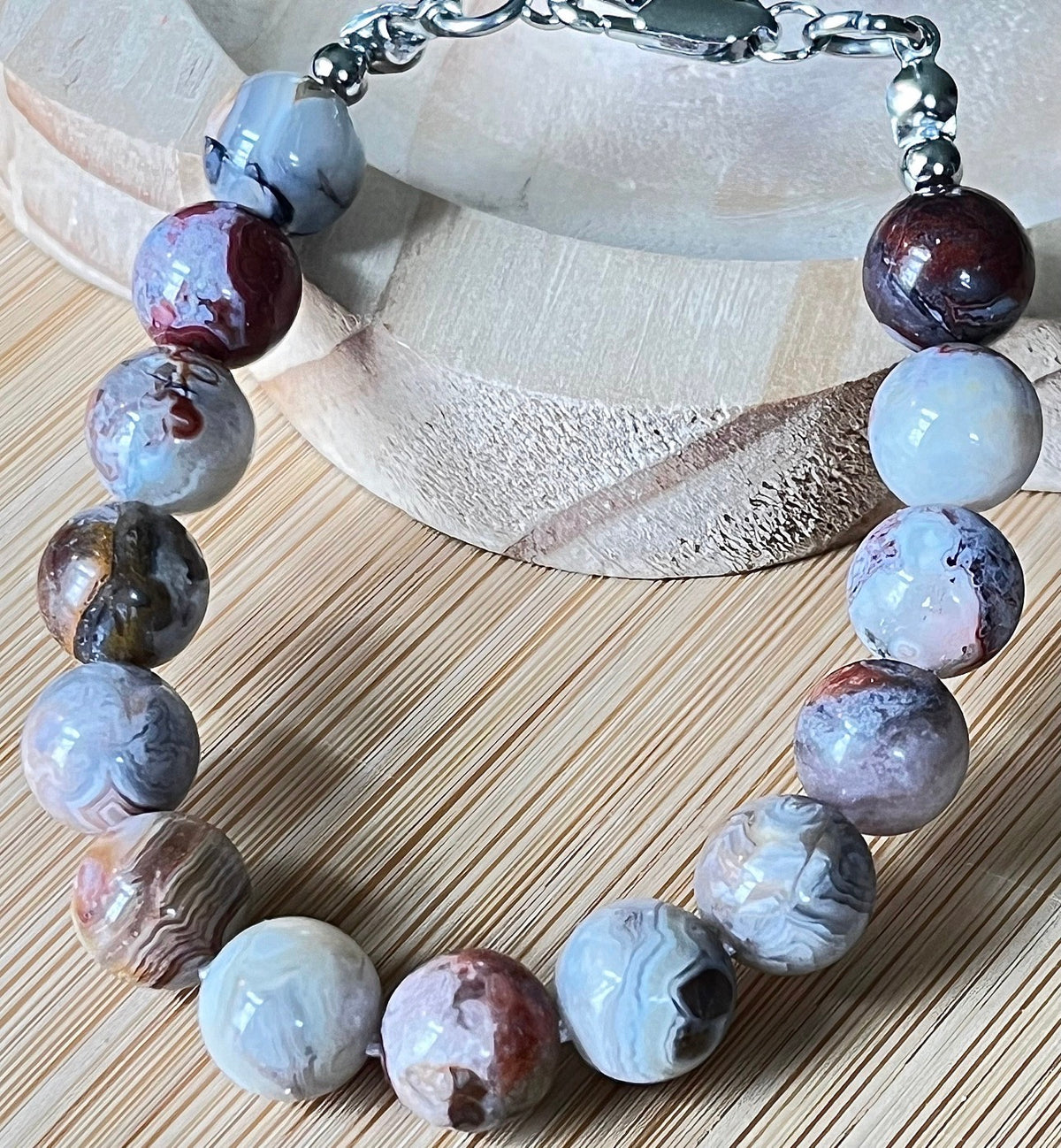 Mexican crazy lace agate bracelet/10mm Laguna lace agate with crisp strata patterns and earth tones! Nature’s creative power at its finest!