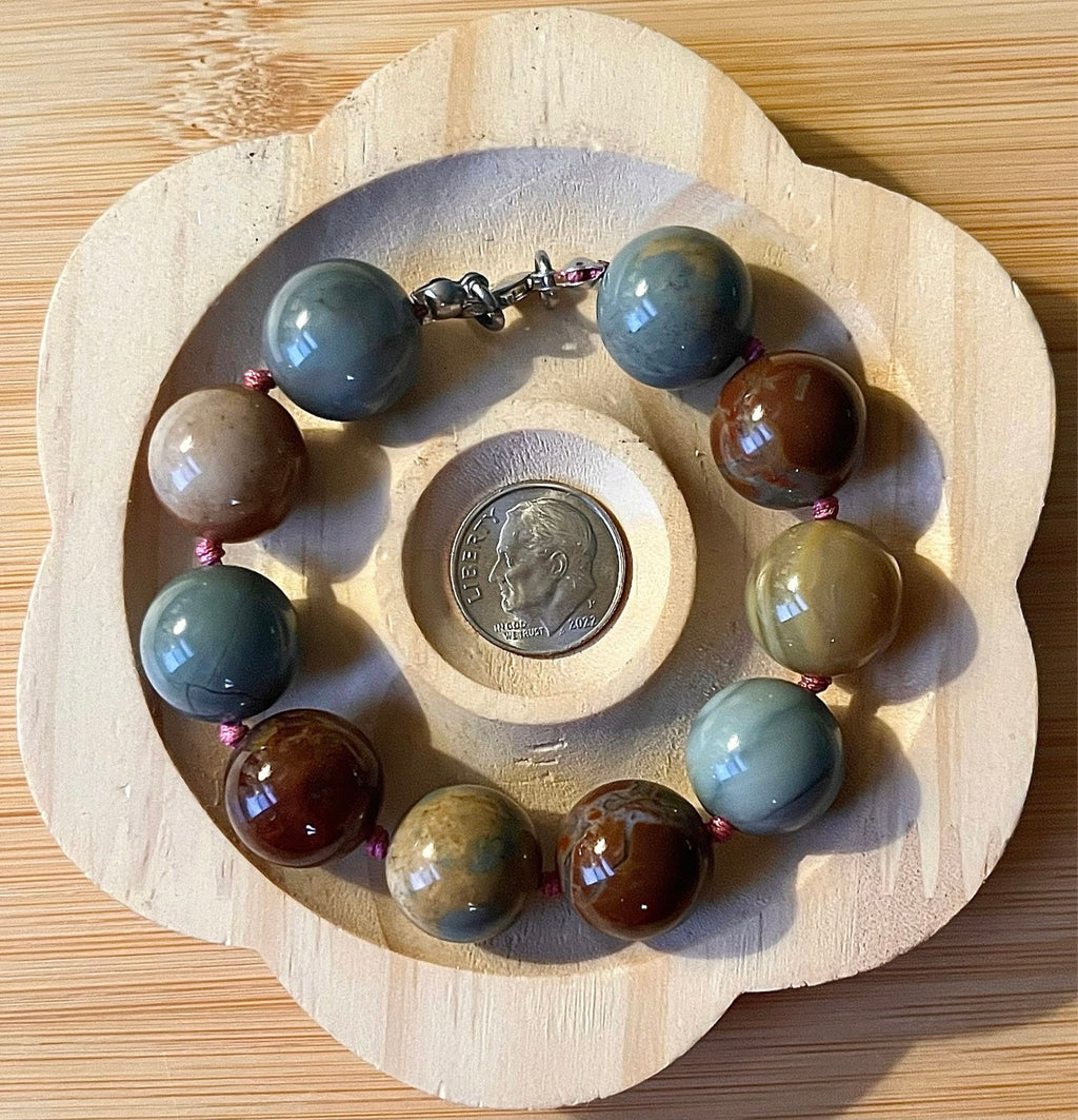 Alashan agate bracelet. Semiprecious 15mm Alashan agates, hand knotted with durable stainless steel components! Big, bold and beautiful!