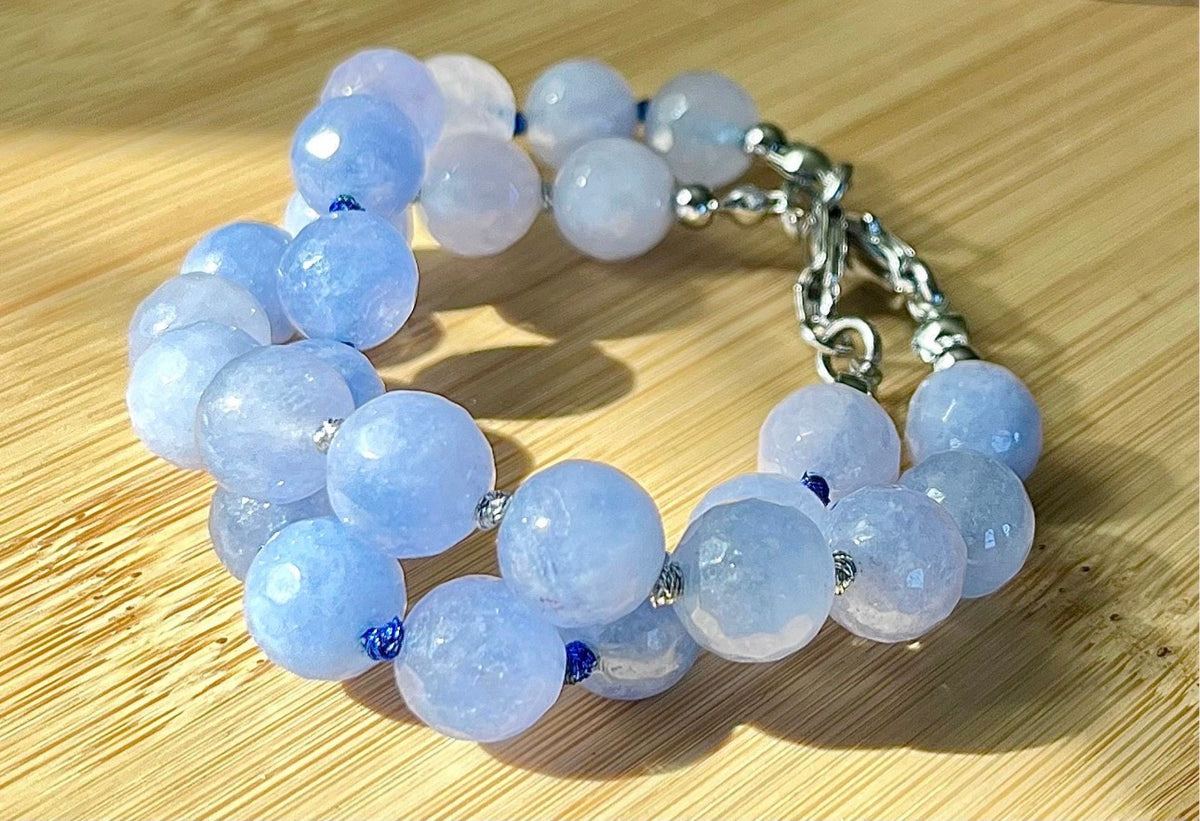 Aquamarine bracelet and/or earrings. The “Silent Night” faceted aquamarine hand knotted bracelet with METALLIC string and your choice of yellow gold plated or silvery stainless steel bracelet hardware!