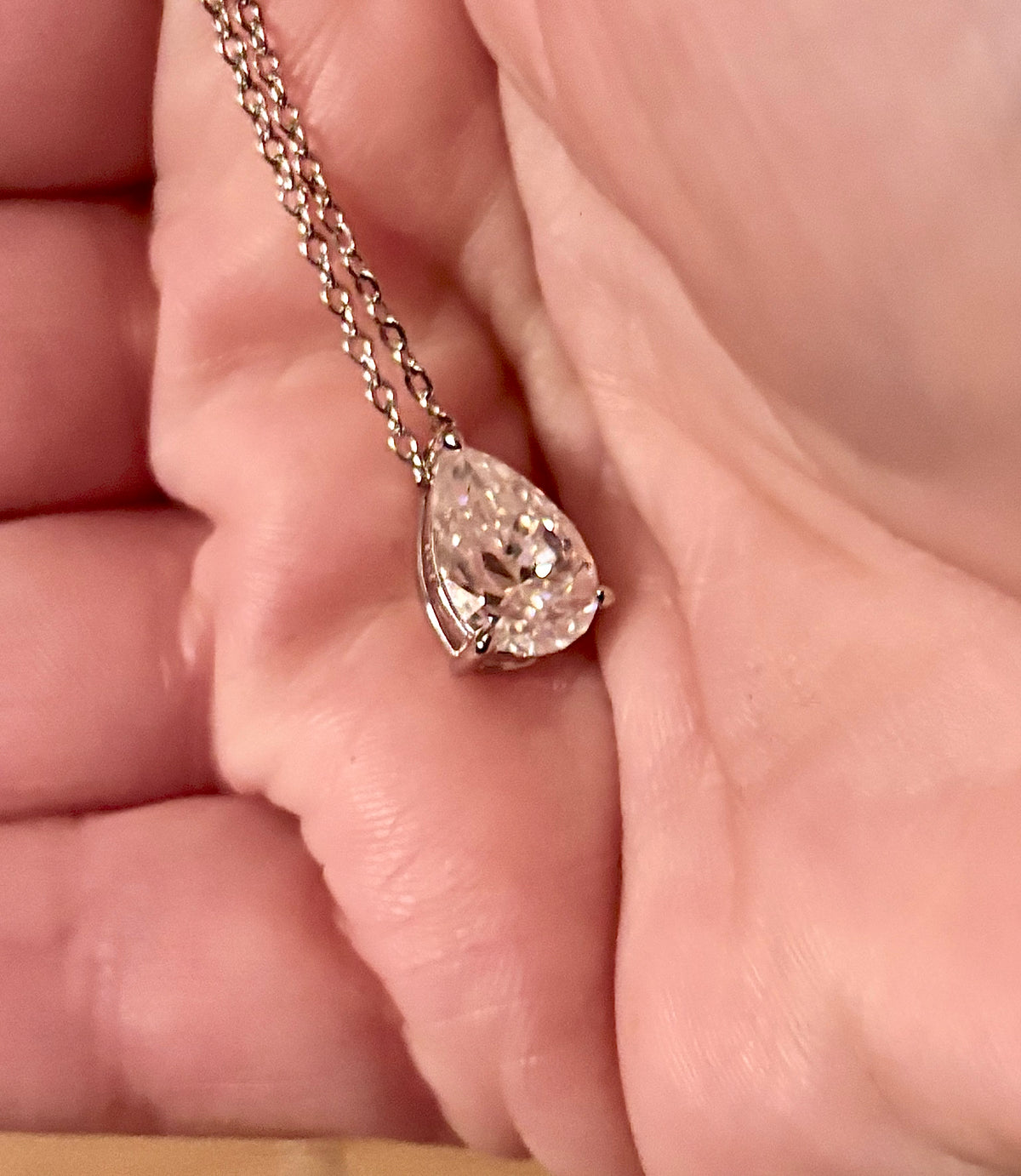 Moissanite necklace. A GORGEOUS certified 4ct pear-cut Moissanite pendant in sterling and 18k white gold on a nice 22” cable link chain!