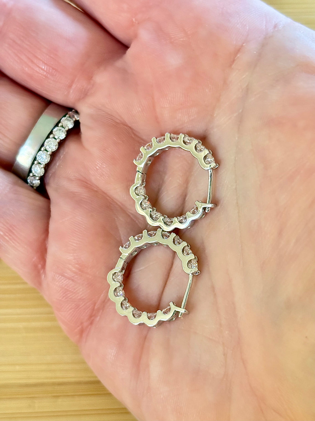 Moissanite hoops. A certified 2.6cttw pair of flashy Moissanite hoops - just like porridge, not too big and not too small, but *just right*!