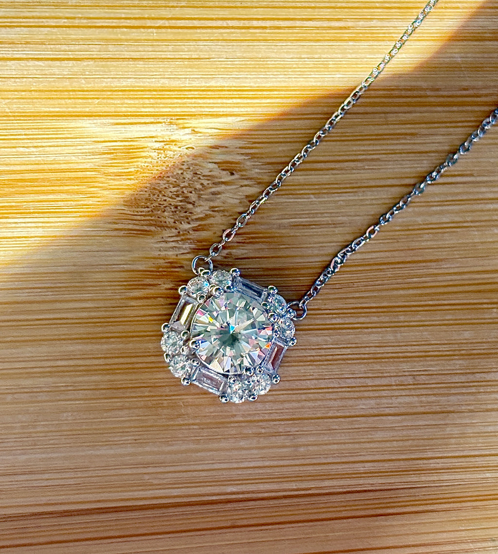 Moissanite necklace. A FIERY certified 3ct “8 hearts, 8 arrows” Moissanite in a super flashy geometric zircon halo, for a 4cttw necklace!