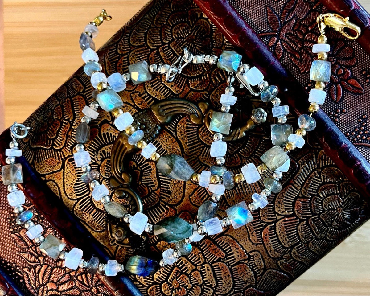 Labradorite and moonstone bracelet and/or earrings. The “Essences of Gemstones” bracelet with hand- faceted “essence” stones! This bracelet literally glows!