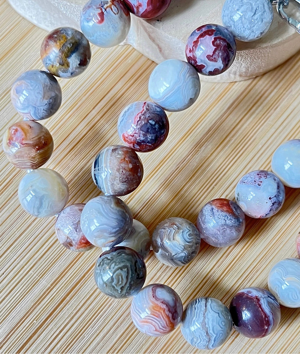 Mexican crazy lace agate bracelet/10mm Laguna lace agate with crisp strata patterns and earth tones! Nature’s creative power at its finest!