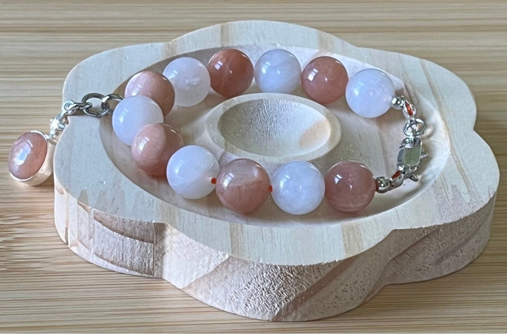 Rainbow moonstone and peach moonstone bracelet, high quality 12mm moonstones and OPTIONAL solid sterling silver moonstone pendant!
