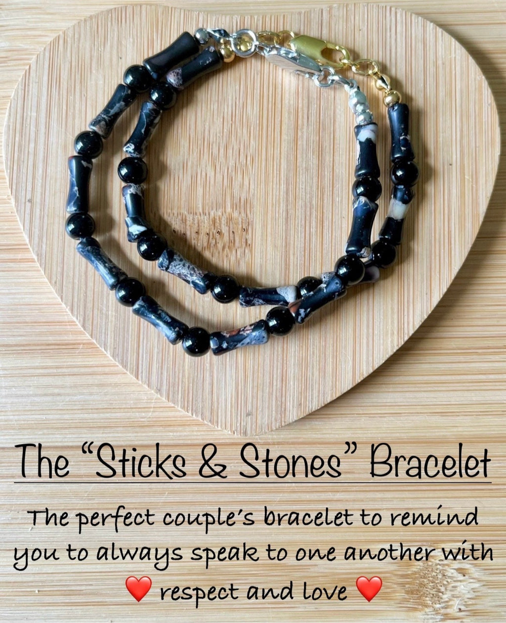 Sea sediment jasper and black onyx bracelet. The “Sticks & Stones” bracelet with your choice of golden or silvery stainless steel!