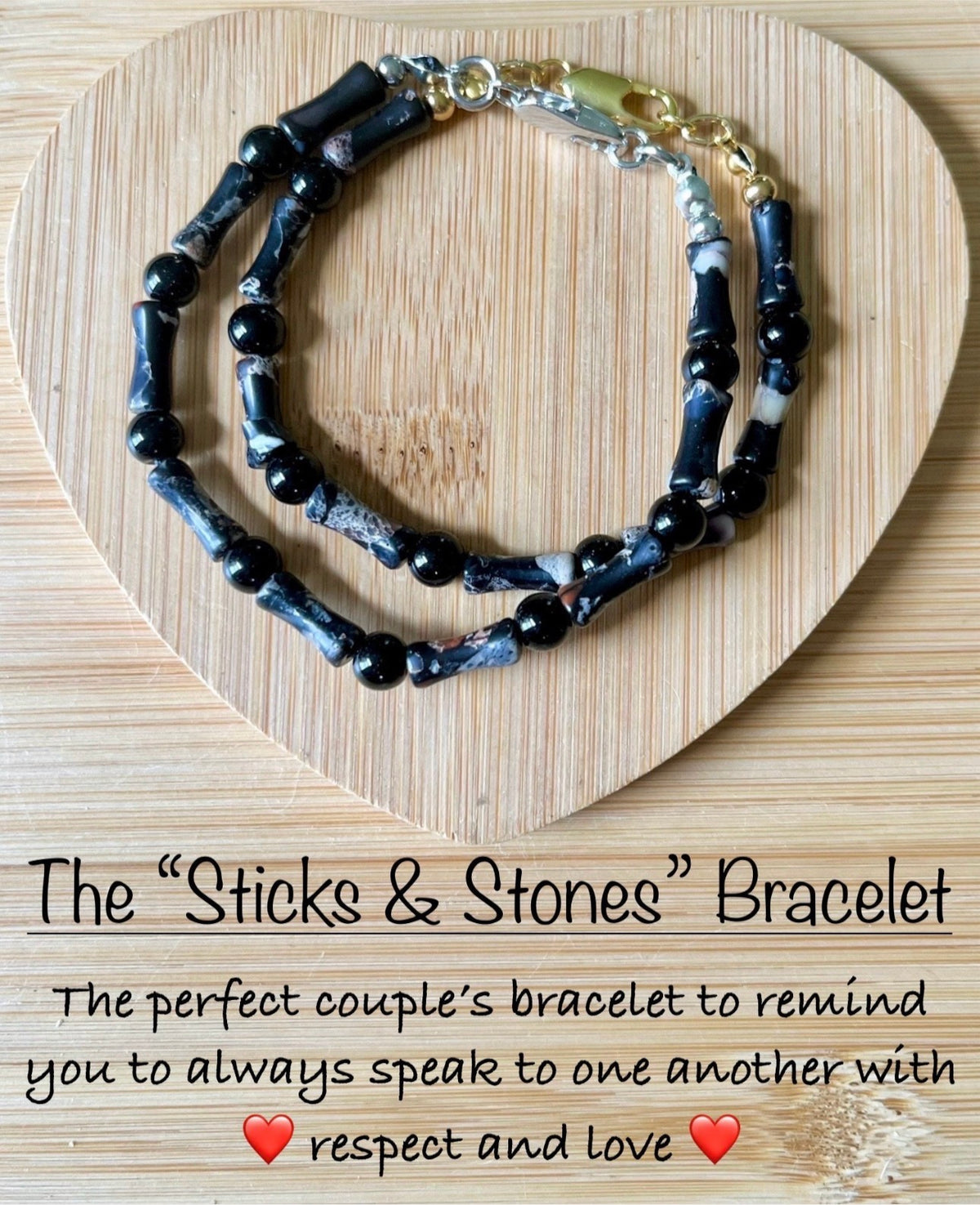 Sea sediment jasper and black onyx bracelet. The “Sticks & Stones” bracelet with your choice of golden or silvery stainless steel!