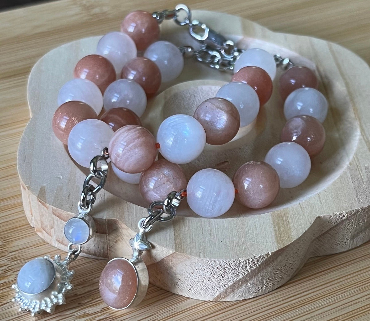 Rainbow moonstone and peach moonstone bracelet, high quality 12mm moonstones and OPTIONAL solid sterling silver moonstone pendant!
