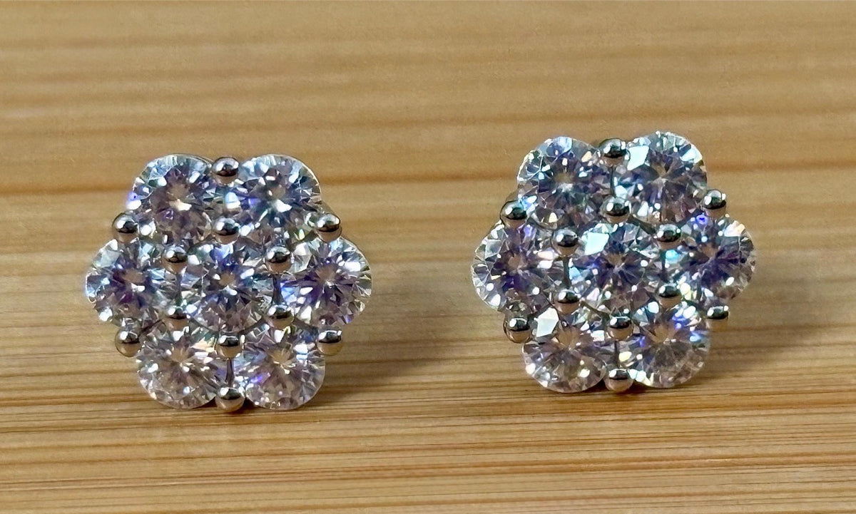 Moissanite earrings. A 4.2cttw certified pair of glamorous Moissanite cluster earrings with gorgeously bright stones and screw-on ear nuts!