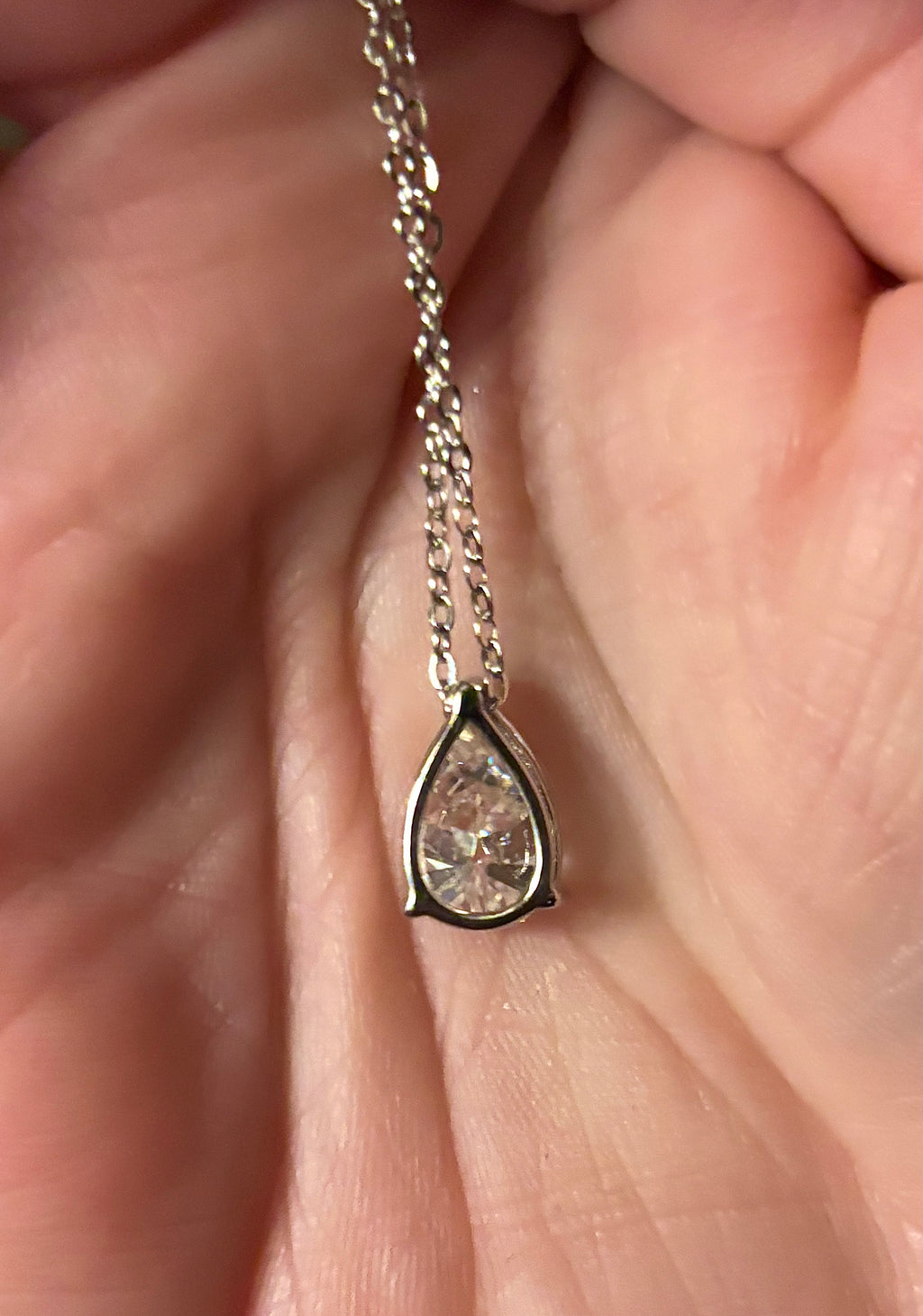 Moissanite necklace. A GORGEOUS certified 4ct pear-cut Moissanite pendant in sterling and 18k white gold on a nice 22” cable link chain!