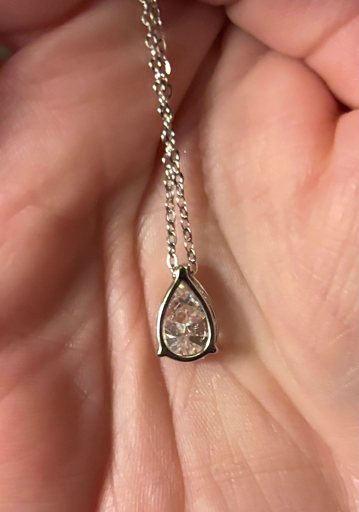 Moissanite necklace. A GORGEOUS certified 4ct pear-cut Moissanite pendant in sterling and 18k white gold on a nice 22” cable link chain!