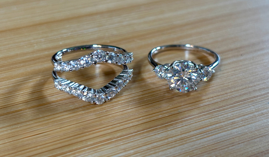 Moissanite bridal set. A certified 3ct Moissanite with a FULLY Moissanite double ring guard, for 5.08cttw! Wear them separately or together!