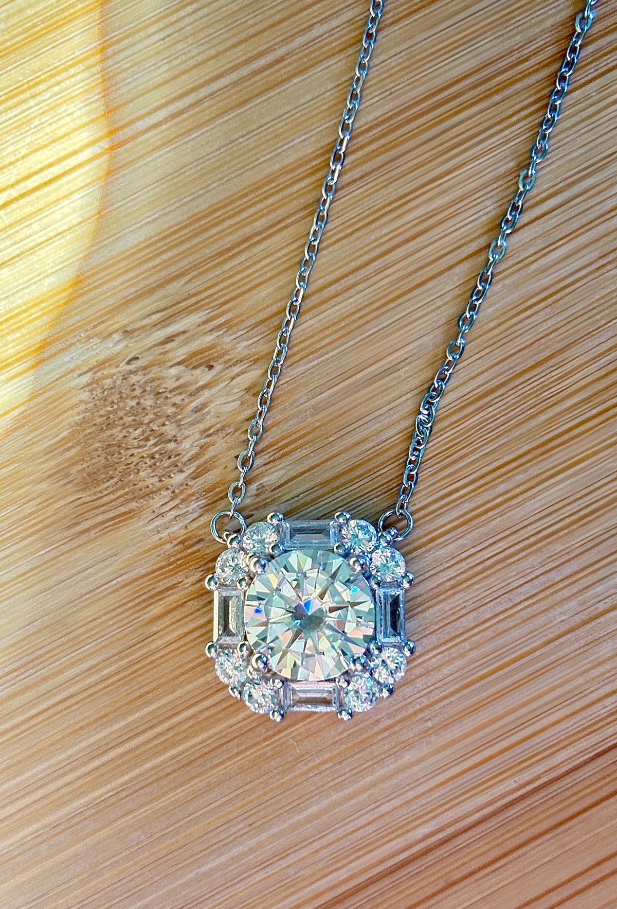 Moissanite necklace. A FIERY certified 3ct “8 hearts, 8 arrows” Moissanite in a super flashy geometric zircon halo, for a 4cttw necklace!