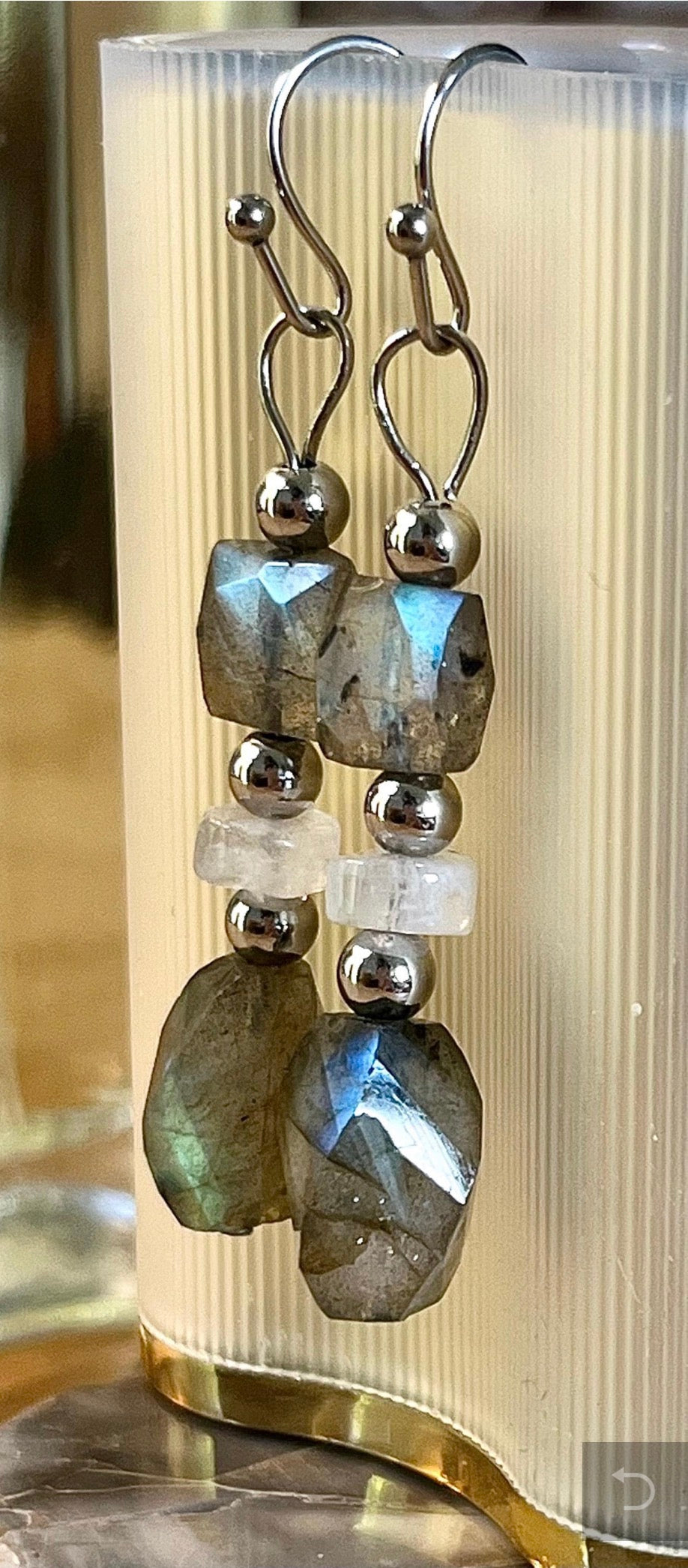 Labradorite and moonstone bracelet and/or earrings. The “Essences of Gemstones” bracelet with hand- faceted “essence” stones! This bracelet literally glows!