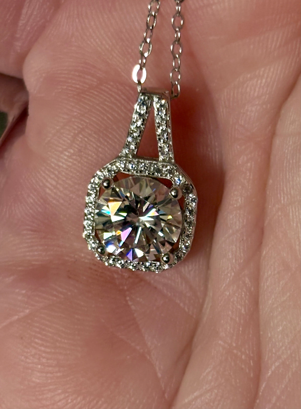 Moissanite necklace. A 2ct certified Moissanite set within an octagonally-shaped halo of pavé-set gleaming white zircons - at a 1ct price!
