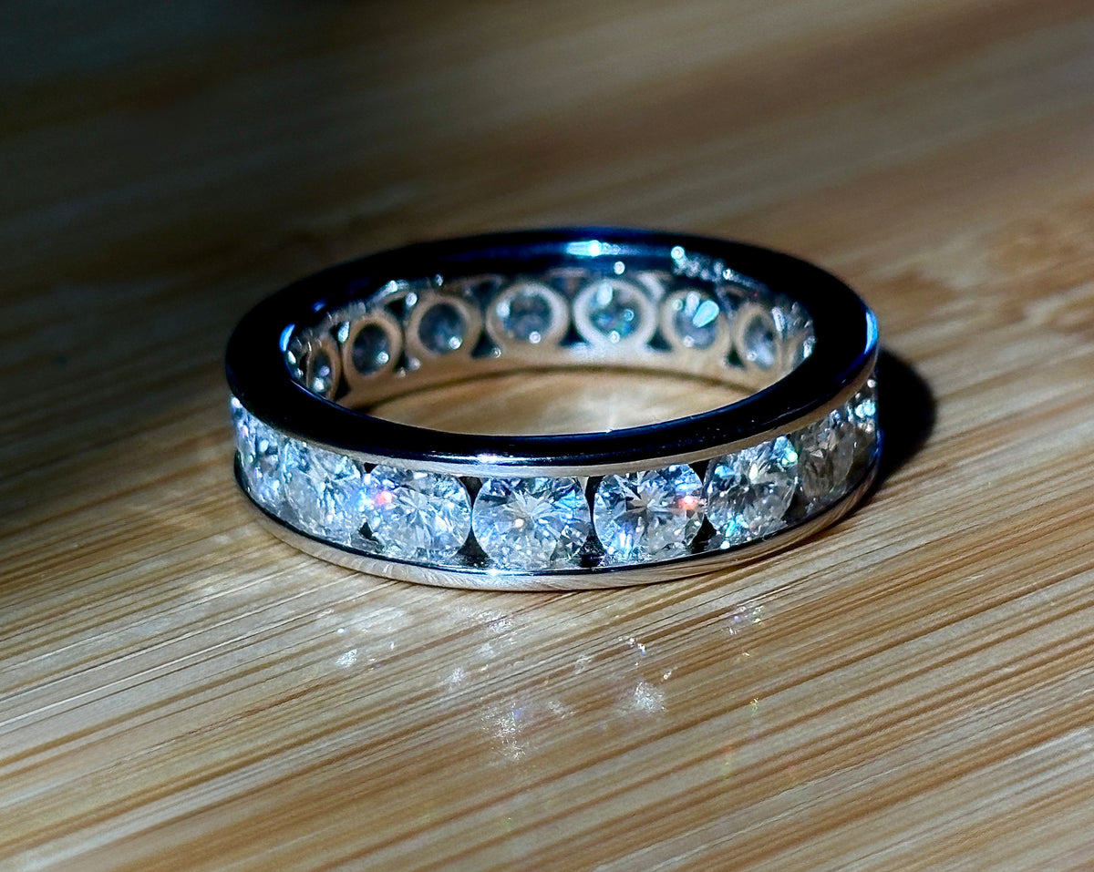 Moissanite ring. A 5.10cttw or 4.8cttw (depending on size) Moissanite eternity ring. A channel-set, classy and classic design - beautiful!