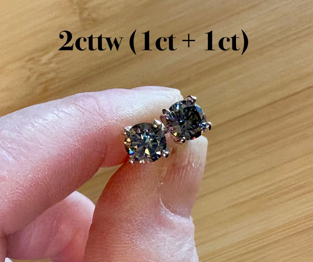 Moissanite studs. An incredible 2ctw or 6ctw pair of GRAY, DOUBLE certified round brilliant Moissanites in sterling silver and 18k!