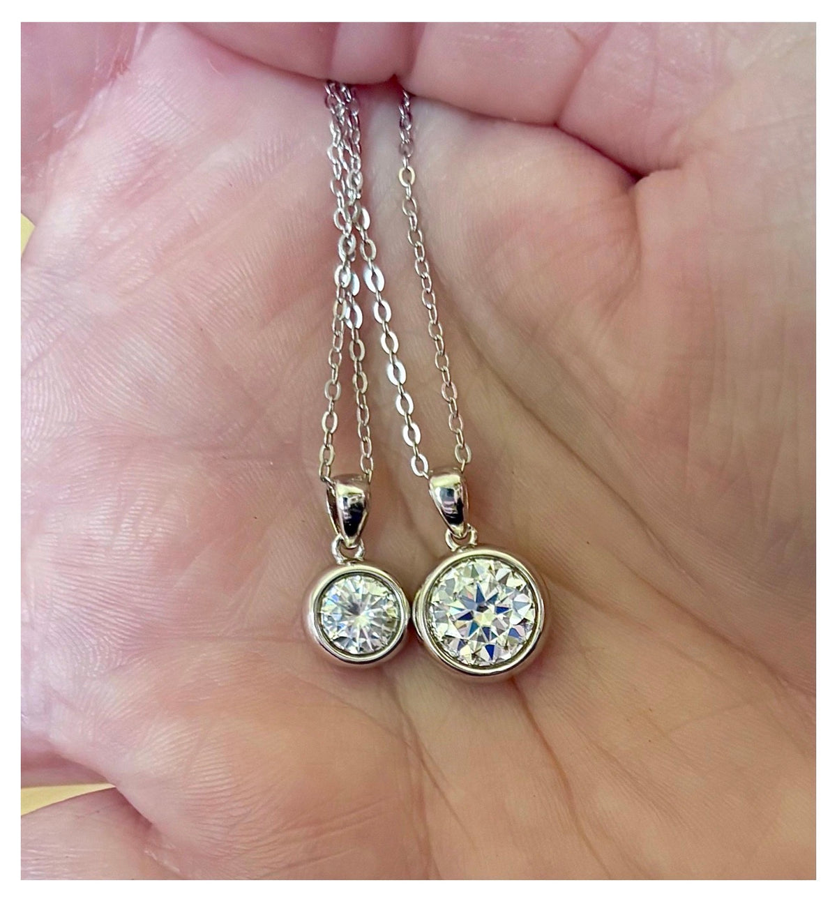 Moissanite necklace. My fiery “bubble bezel” necklace features a 1ct OR 3ct certified Moissanite in a heavy sterling silver bezel setting!