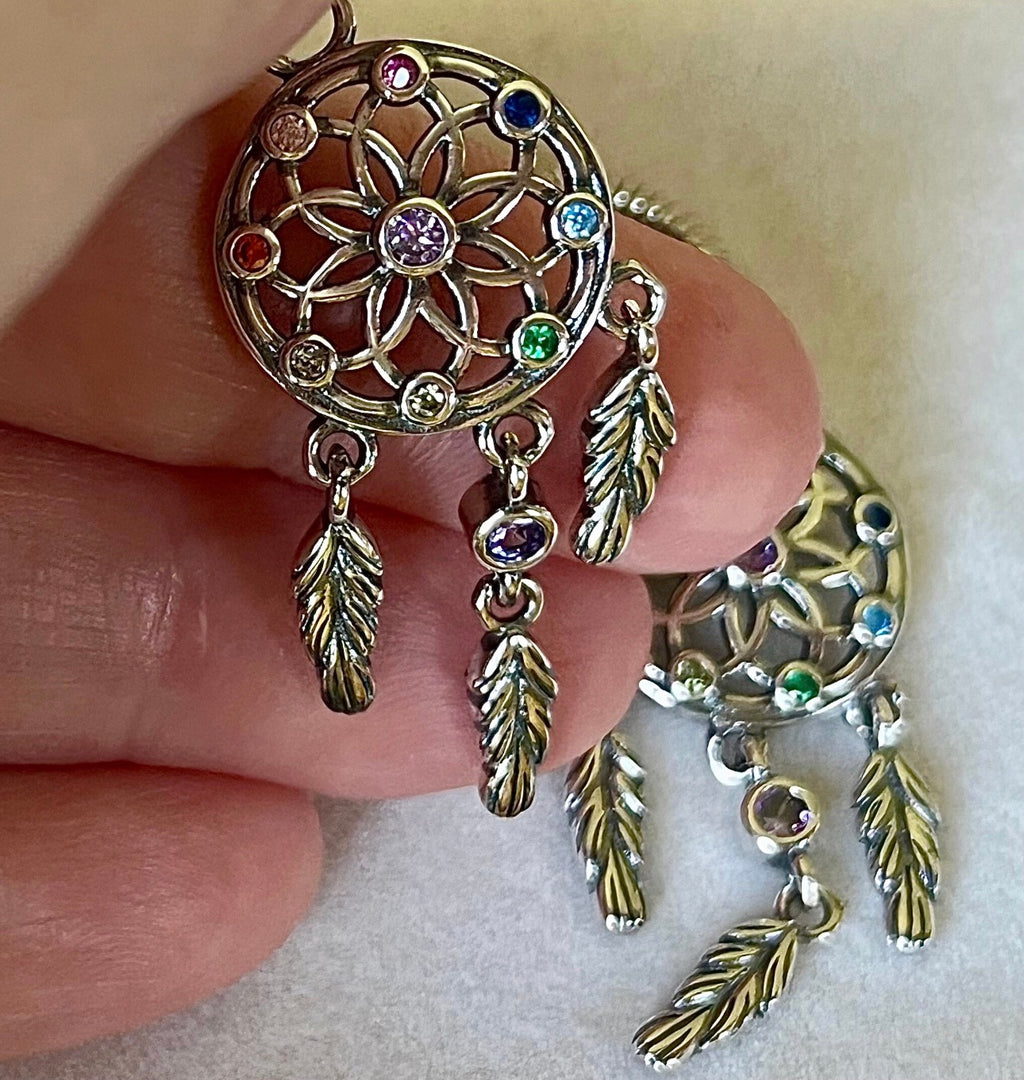 Opalescent lotus flower necklace, dream catcher earrings and dream catcher charm! All solid sterling silver and accented with pretty gems!