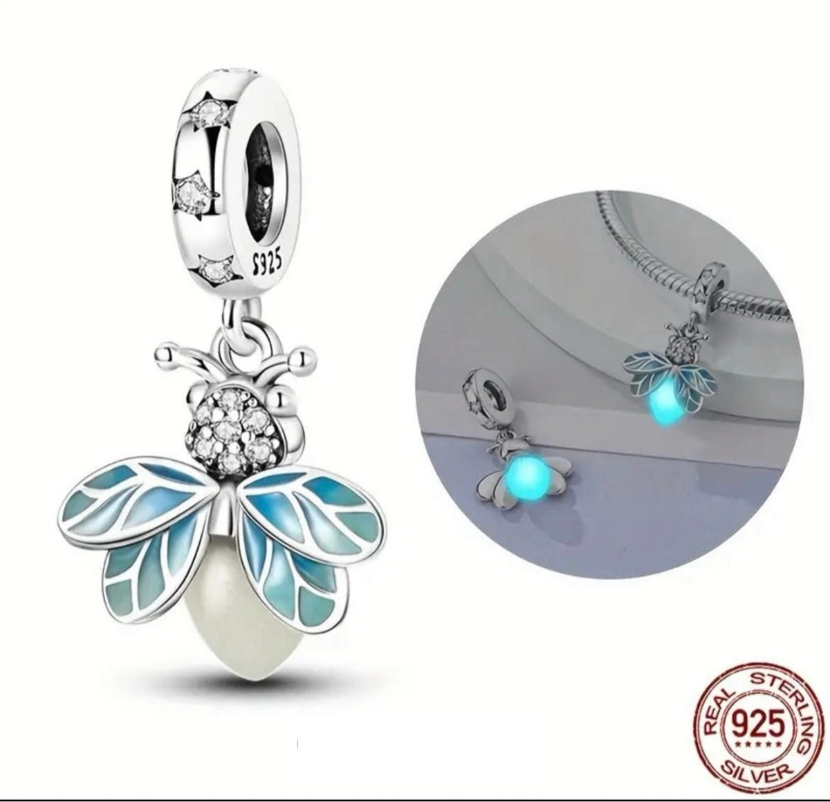 Dragonfly charm, rose charm, tree of life charm and lightning bug charm that glows in the dark! All solid sterling silver charms!