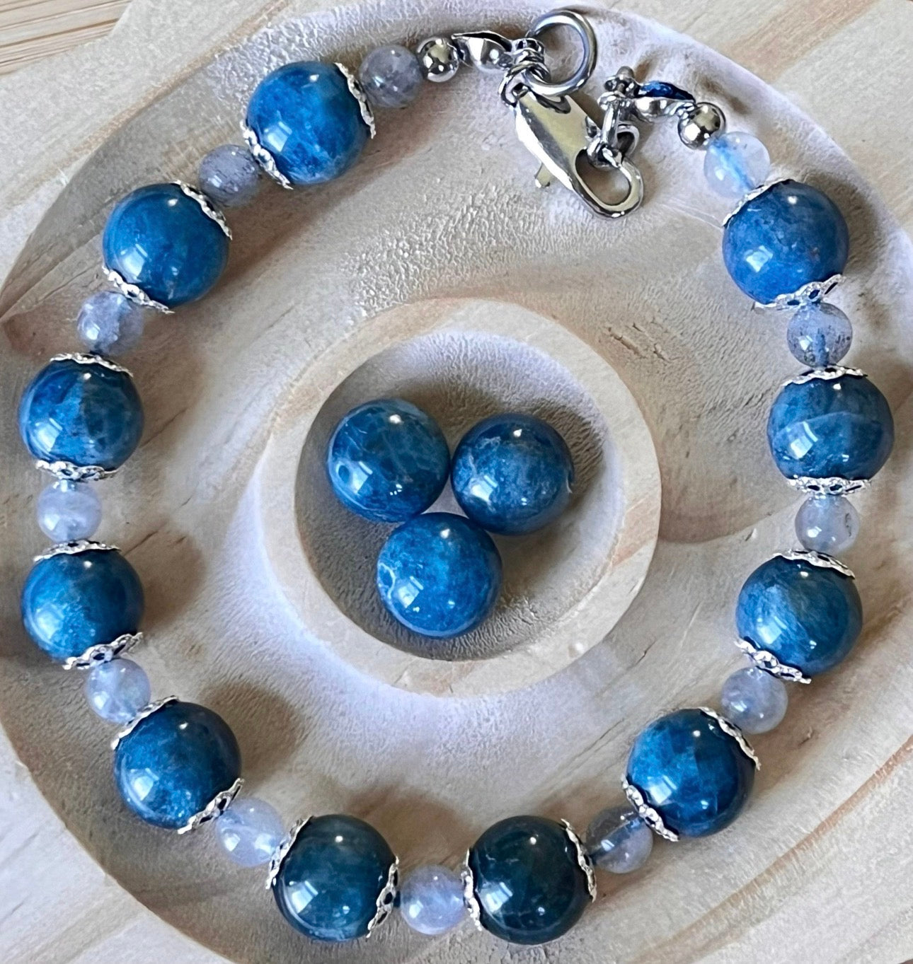 Blue apatite and gray moonstone bracelet with stainless steel hardware and optional sterling silver gemstone pendant!