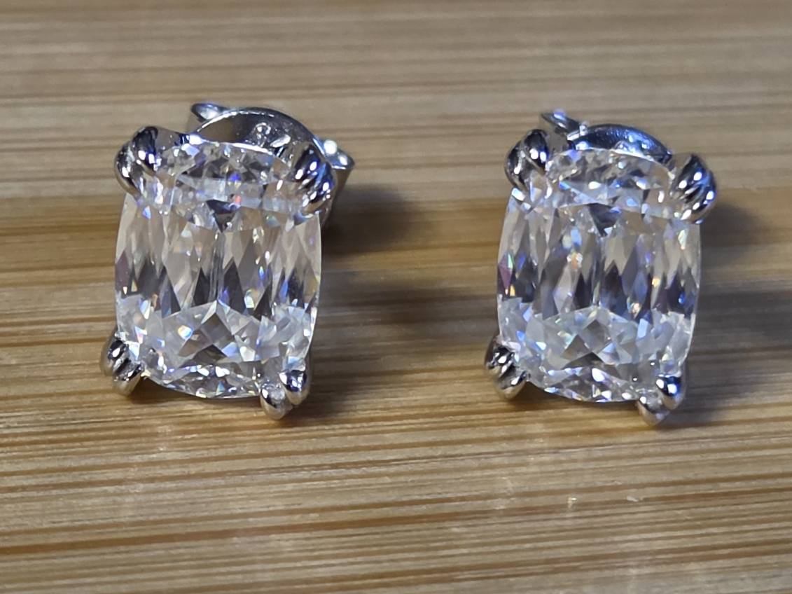 6ctw Ashoka-cut Moissanites in Argentium silver, hand-cut by a Master lapidary! These studs are the highest of the high end!