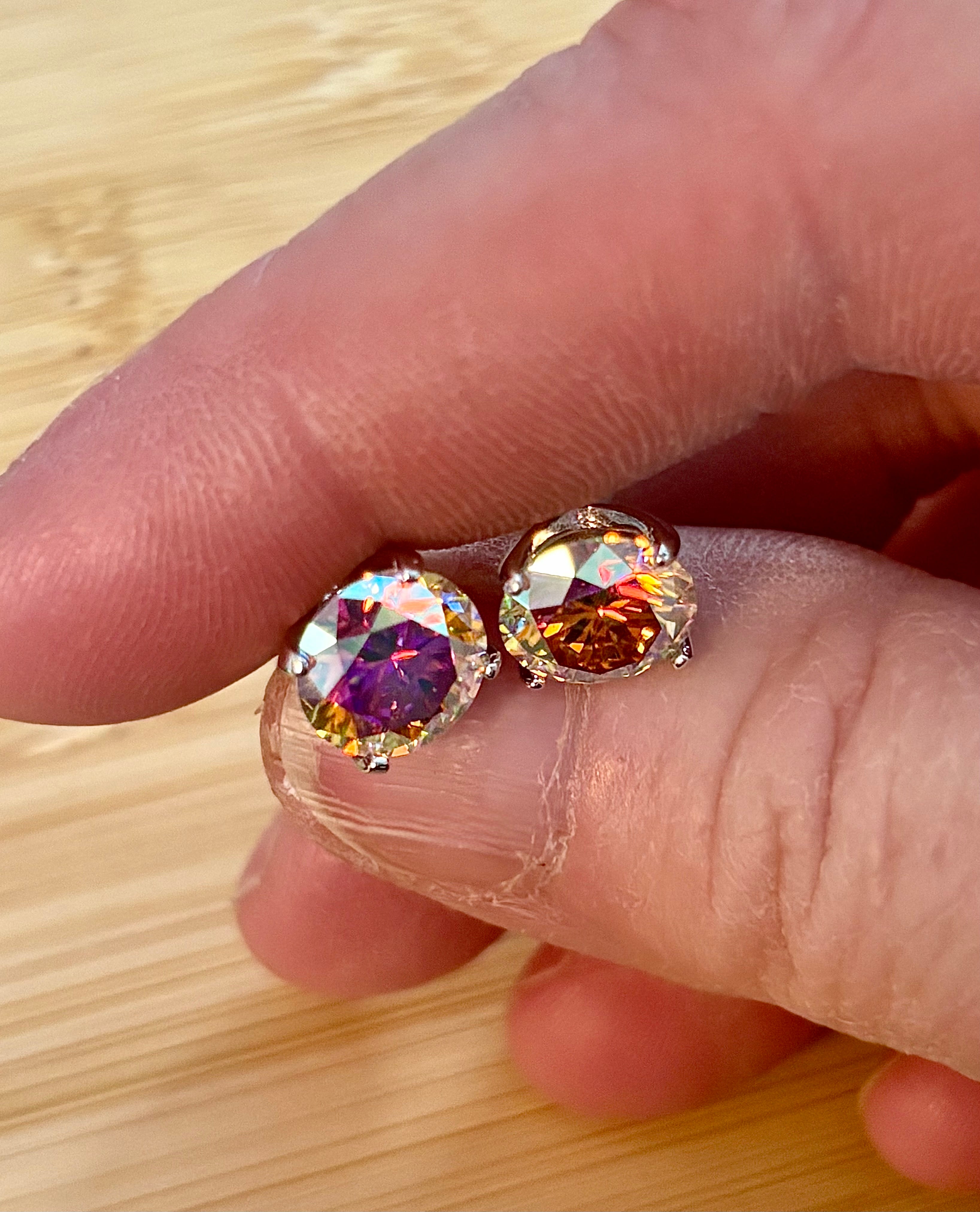 6ctw Moissanite “Kaleidoscope” studs! A pair of colorful, color-shifting, MESMERIZING Moissanite studs, DOUBLE certified and flashy in 18k plated sterling silver!
