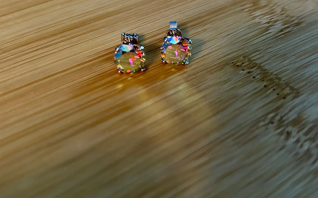 6ctw Moissanite “Kaleidoscope” studs! A pair of colorful, color-shifting, MESMERIZING Moissanite studs, DOUBLE certified and flashy in 18k plated sterling silver!