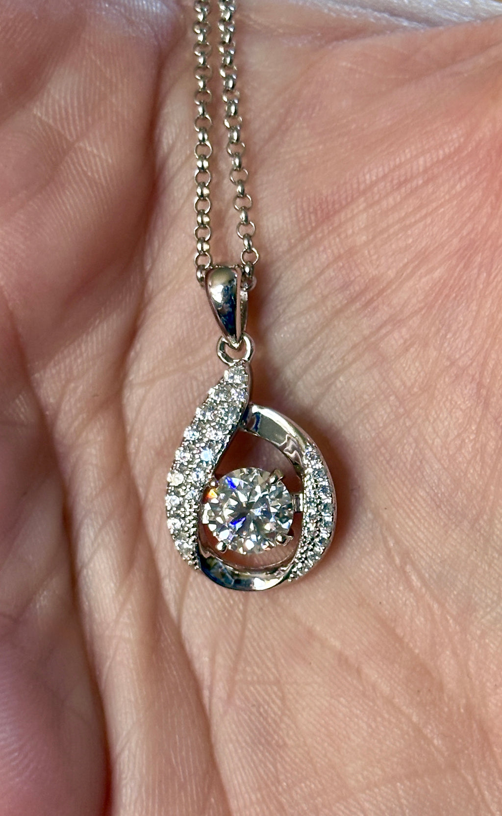 Moissanite necklace. A 1ct 8H8A certified Moissanite water drop-shaped pendant with white zircons, on a nicely weighted rolo chain with lobster claw clasp!
