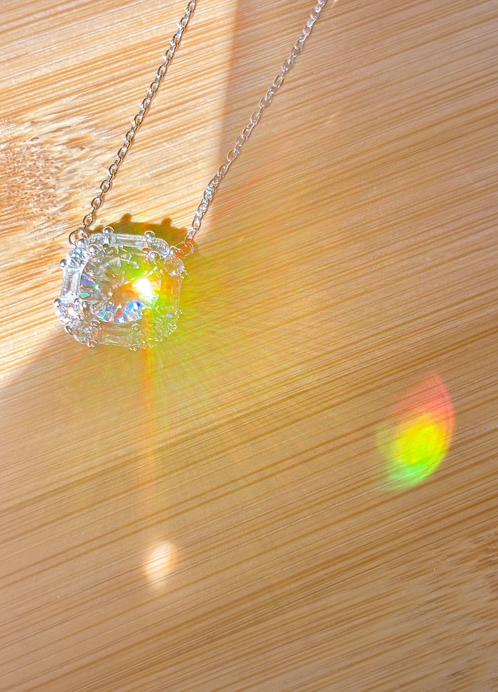 Moissanite necklace. A FIERY certified 3ct “8 hearts, 8 arrows” Moissanite in a super flashy geometric zircon halo, for a 4cttw necklace!