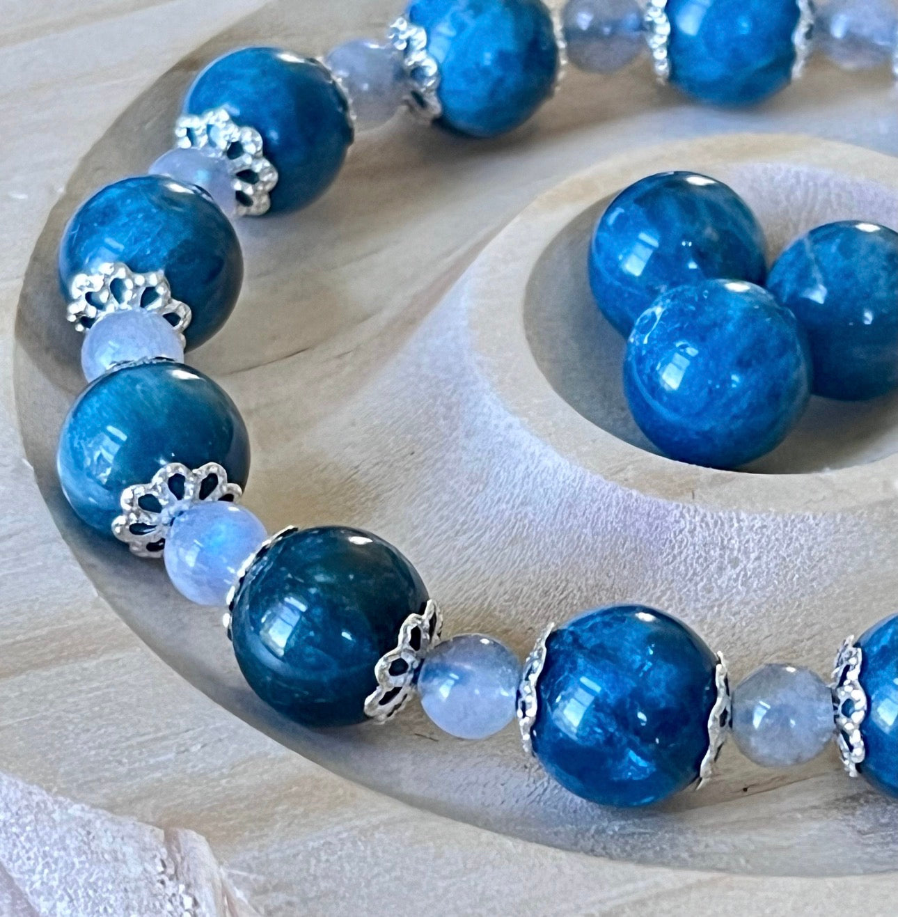 Blue apatite and gray moonstone bracelet with stainless steel hardware and optional sterling silver gemstone pendant!
