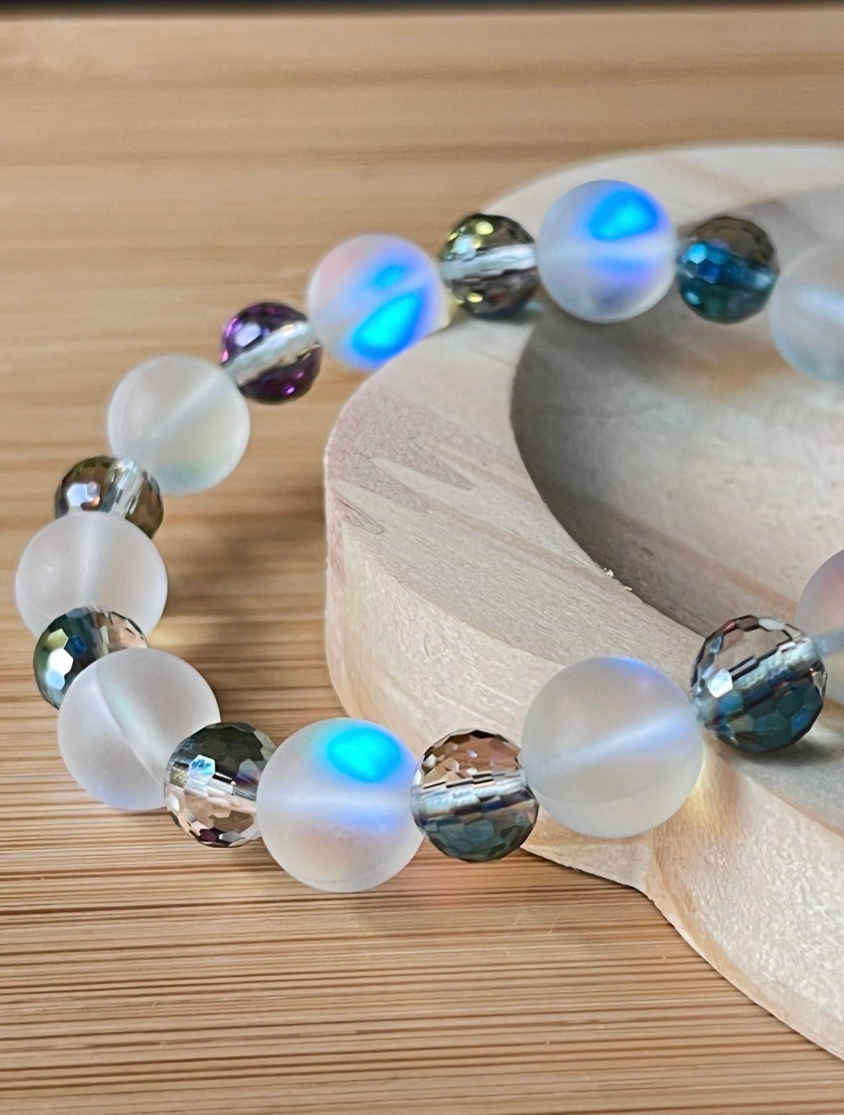 Austrian crystal bracelet with your choice of 6mm or 10mm frosted crystal beads, with golden or silvery stainless steel hardware.