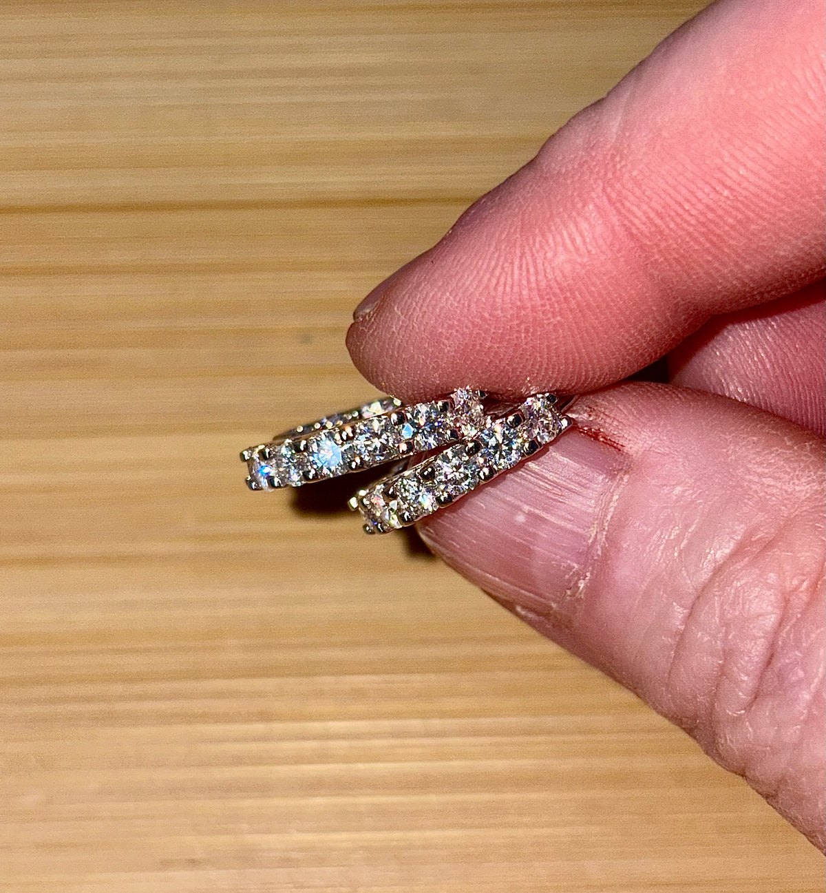 Moissanite hoops. A certified 2.6cttw pair of flashy Moissanite hoops - just like porridge, not too big and not too small, but *just right*!