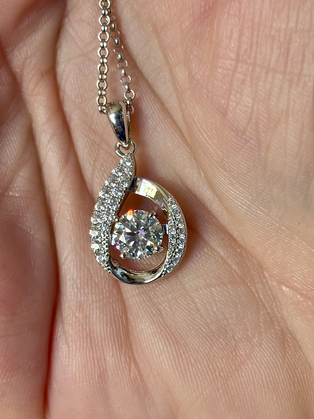Moissanite necklace. A 1ct 8H8A certified Moissanite water drop-shaped pendant with white zircons, on a nicely weighted rolo chain with lobster claw clasp!