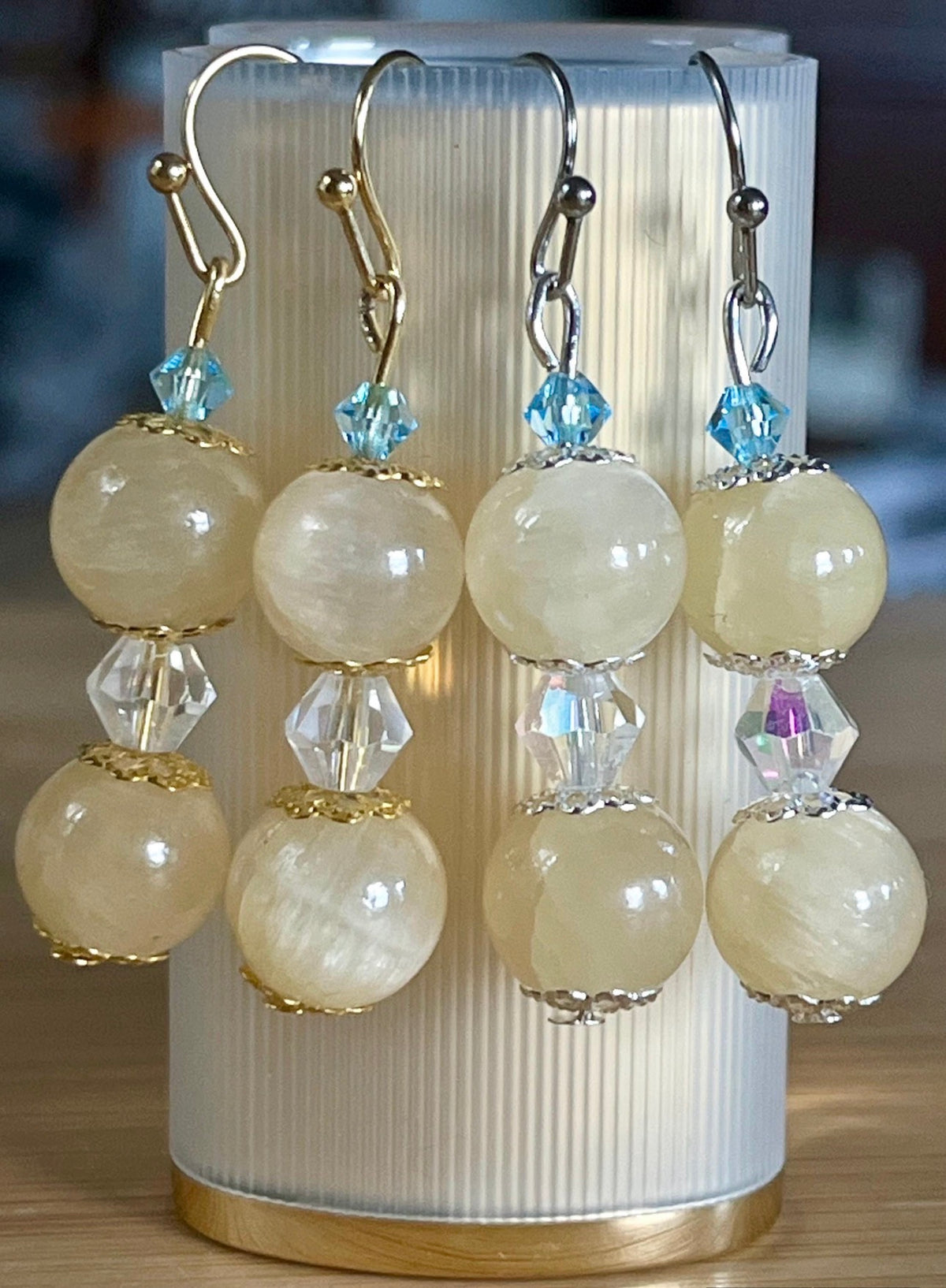 Silky yellow quartz bracelet. Chatoyant 10mm buttercream quartzite (AKA silk jade) hand-knotted bracelet with METALLIC string!