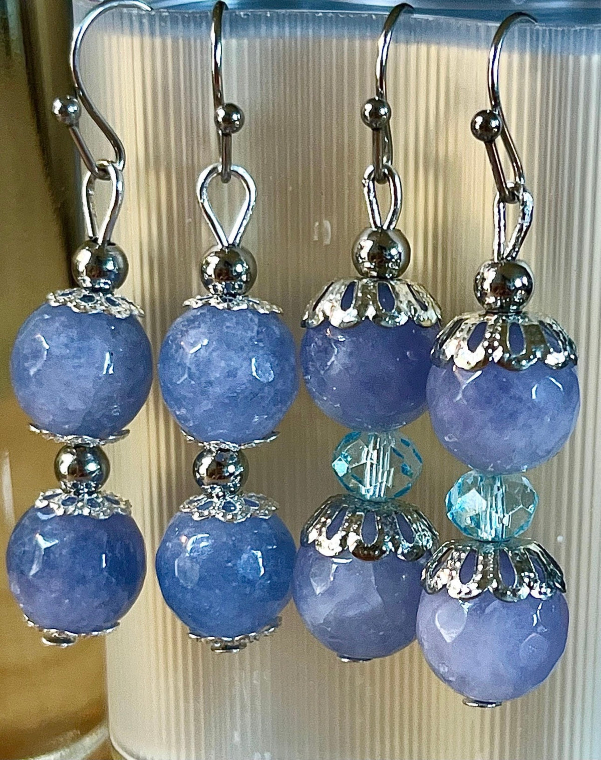 Aquamarine bracelets and/or earrings. Faceted 10mm aquamarines with your choice of crystal or stainless steel station beads and stainless steel color!
