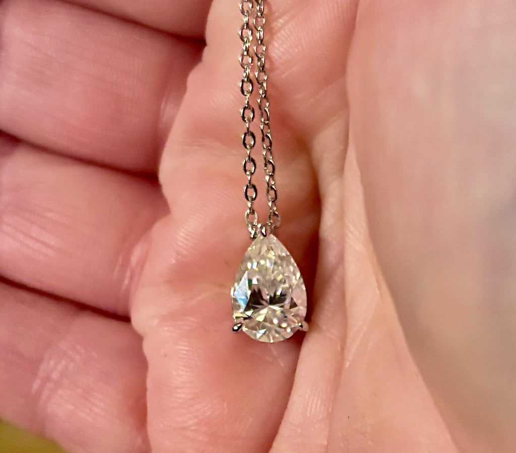 Moissanite necklace. A GORGEOUS certified 4ct pear-cut Moissanite pendant in sterling and 18k white gold on a nice 22” cable link chain!