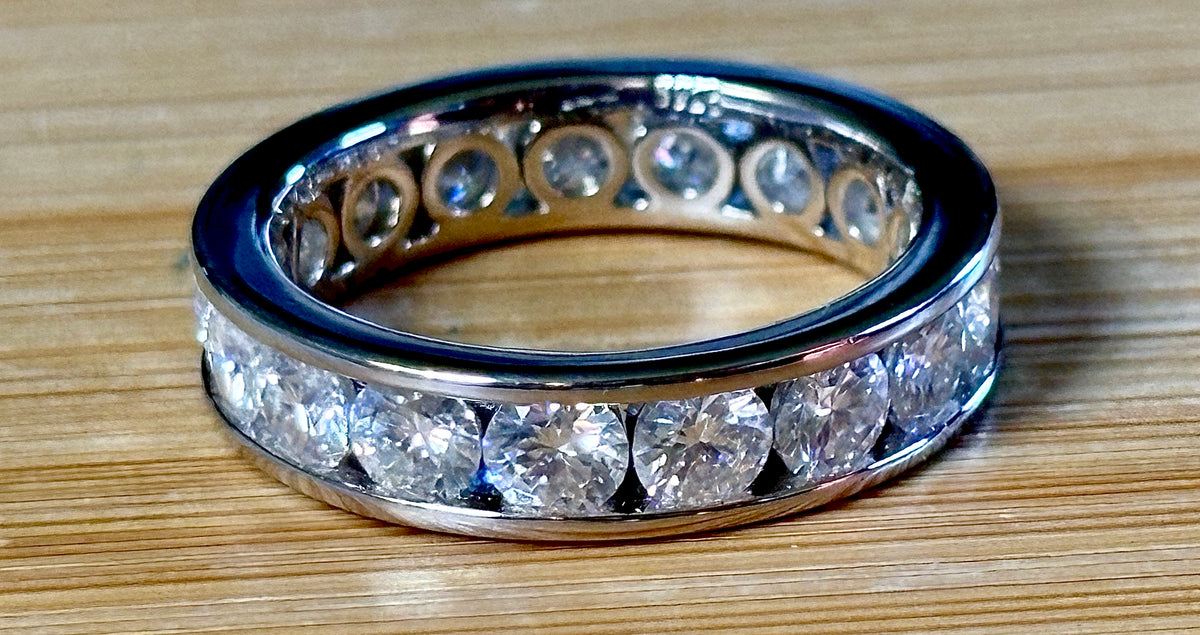 Moissanite ring. A 5.10cttw or 4.8cttw (depending on size) Moissanite eternity ring. A channel-set, classy and classic design - beautiful!