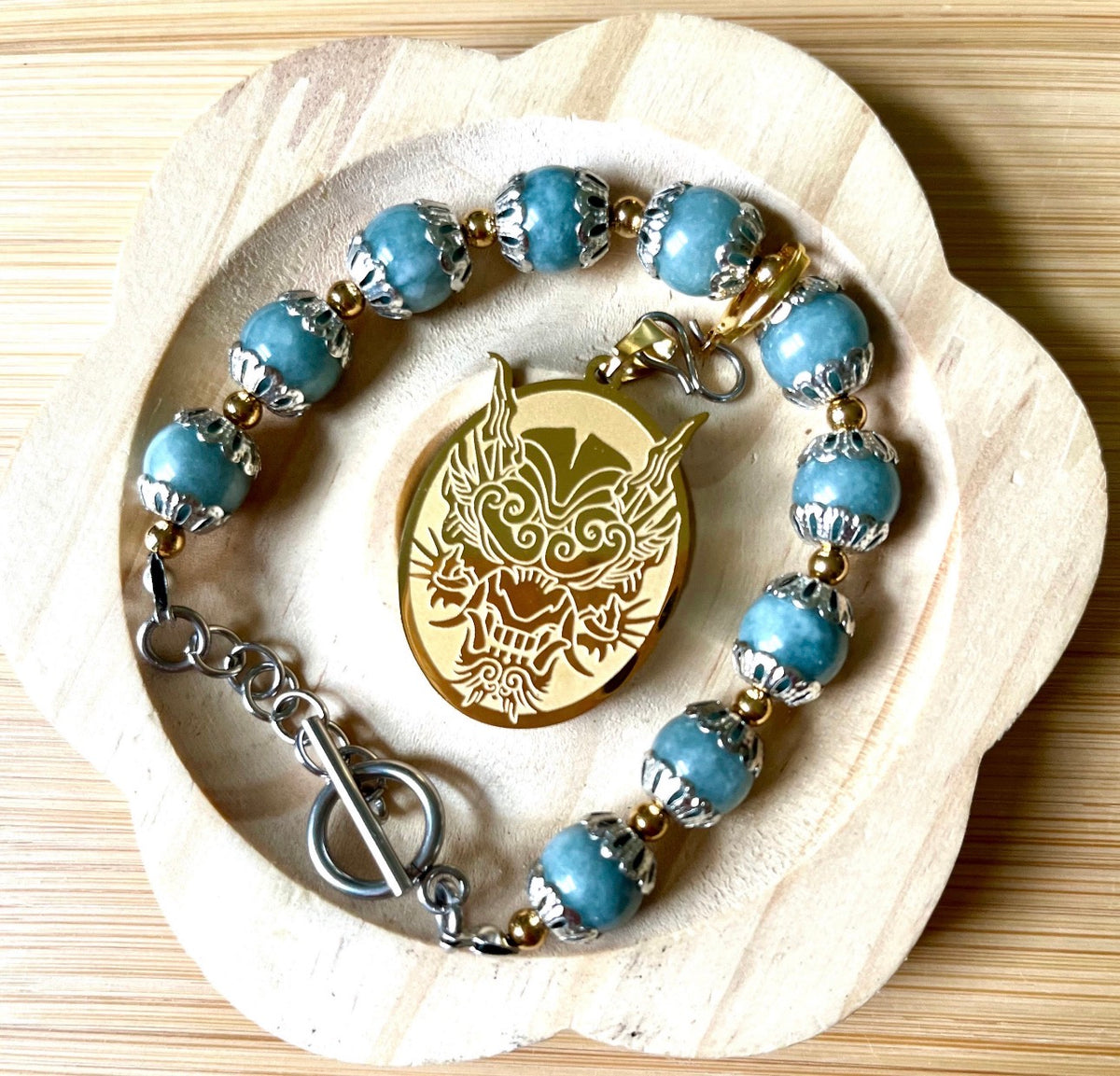 Myanmar Burma jade bracelet. “Year of the Dragon” bracelet with beautiful greenish-blue faux jade and golden or silvery stainless steel!