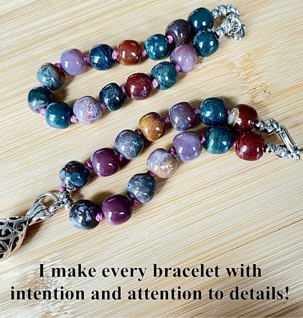 Ocean agate bracelet, hand knotted or straight-strung in your choice of design and with stainless steel bracelet hardware!